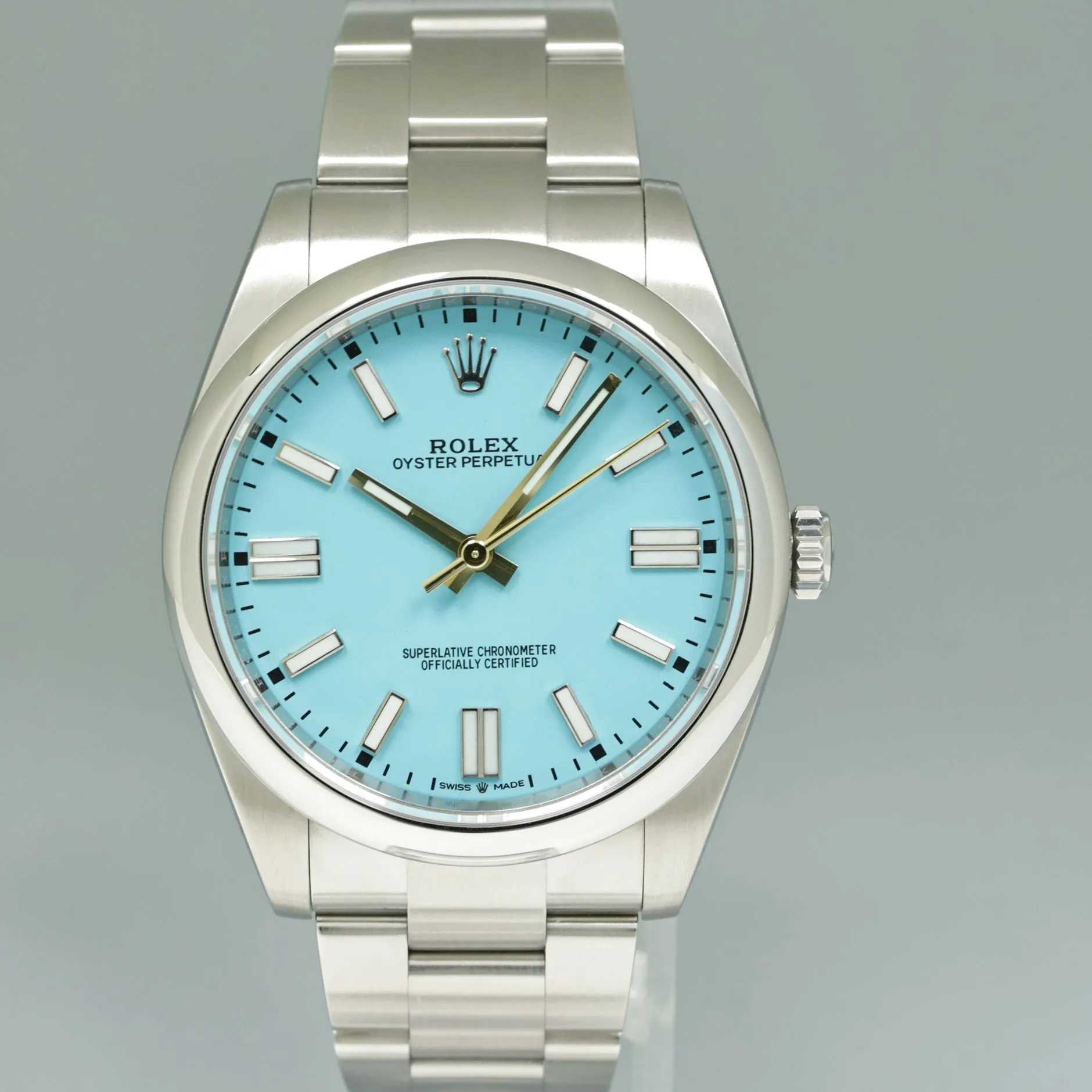 2021 PAPERS Rolex Oyster Perpetual 41mm Blue Custom Tiffany Oyster 124300 Watch