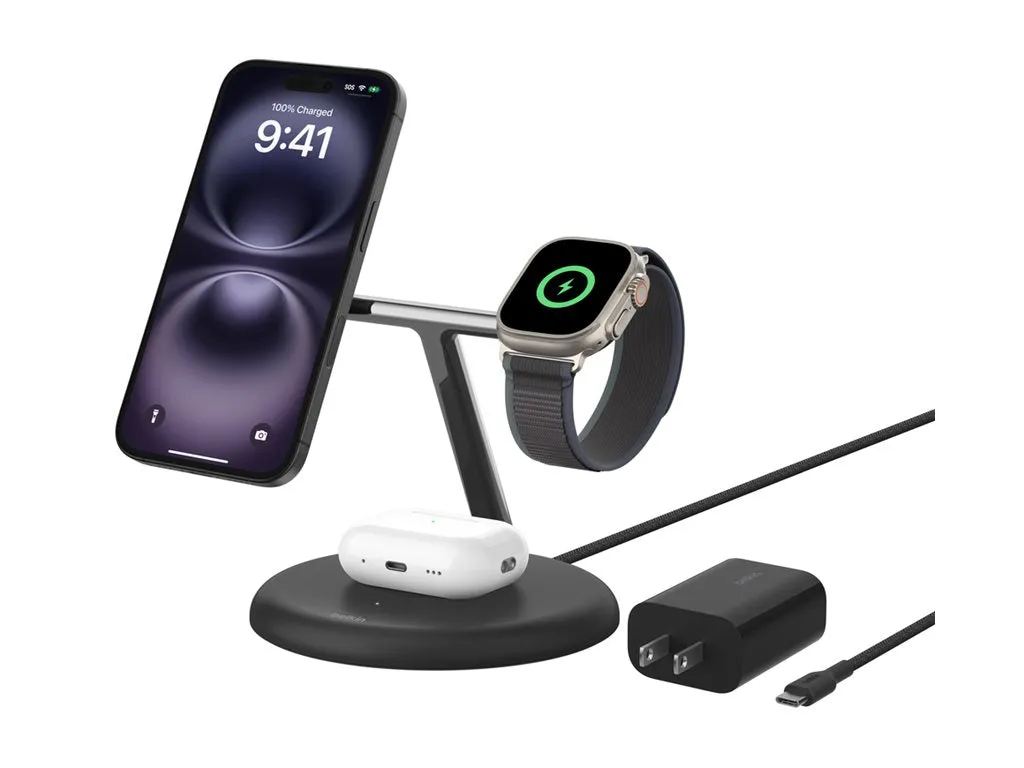 Belkin - Wireless charging stand - magnetic with Qi2   AC power adapter - 15 Watt - Fast Charge - black WIZ023TTBK