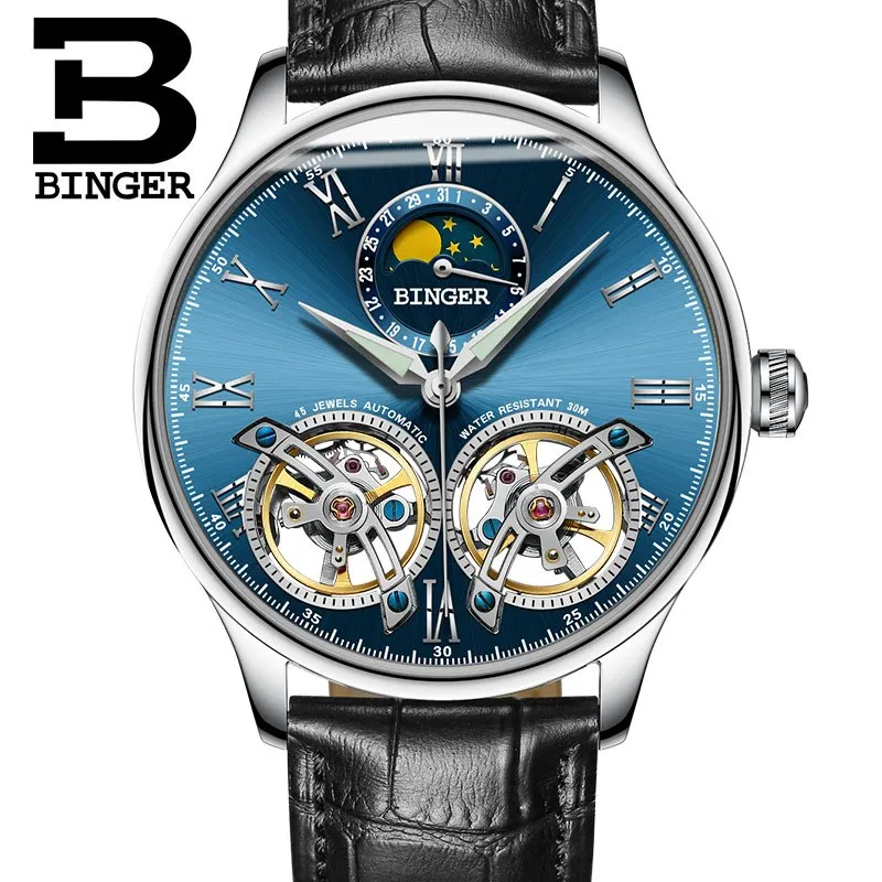 Binger Swiss Double Tourbillon Elegant Mechanical Watch Men B 8606 A