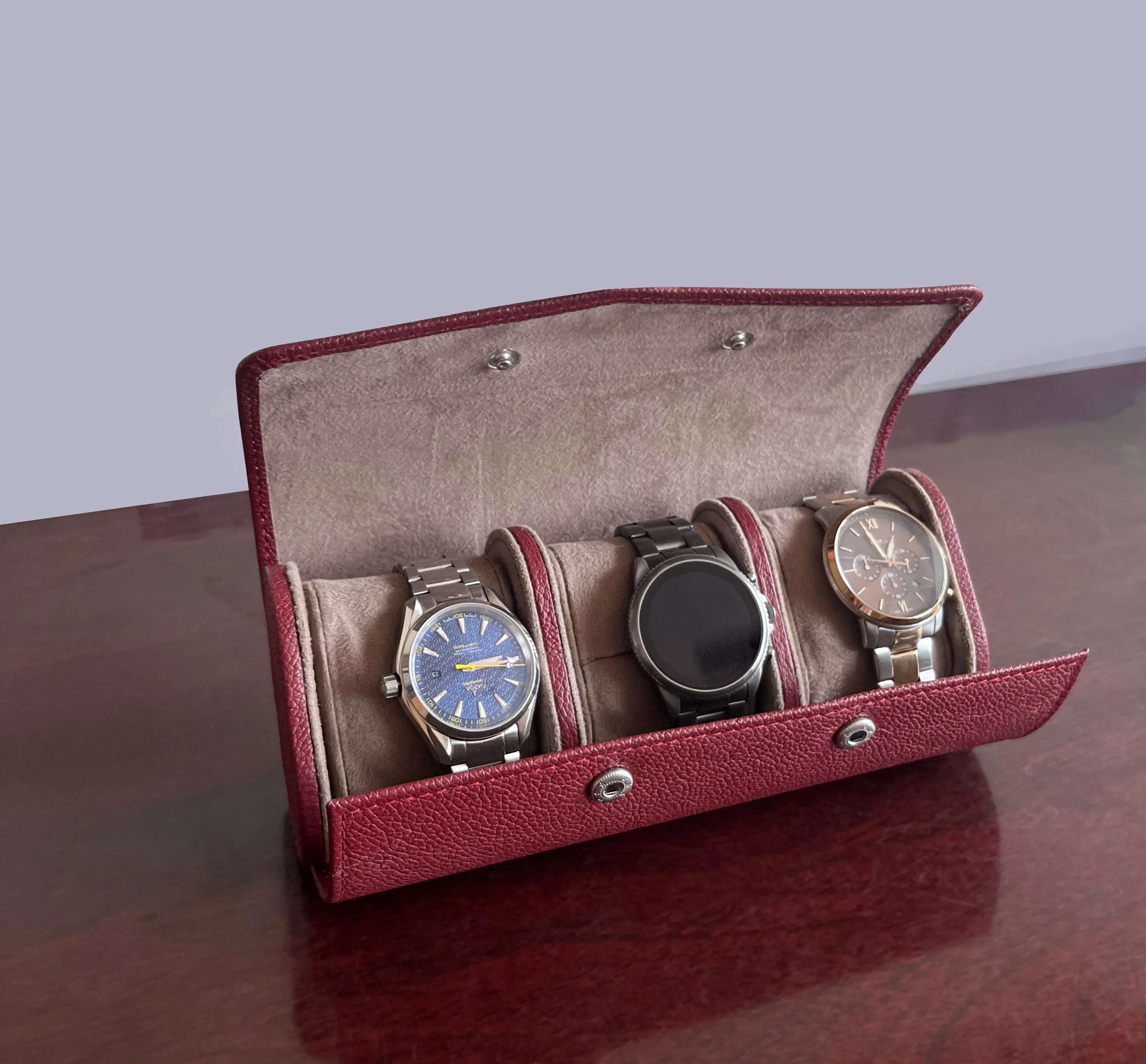 Classic Leather Travel Watch Case - 3 Slots (Red)
