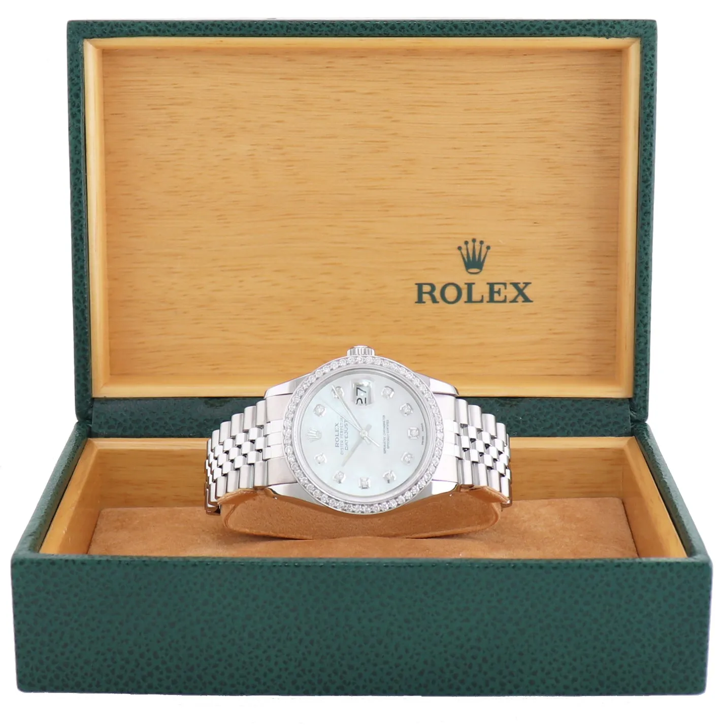 DIAMOND Bezel Rolex DateJust 36mm Mother of Pearl 16030 Steel Watch Box