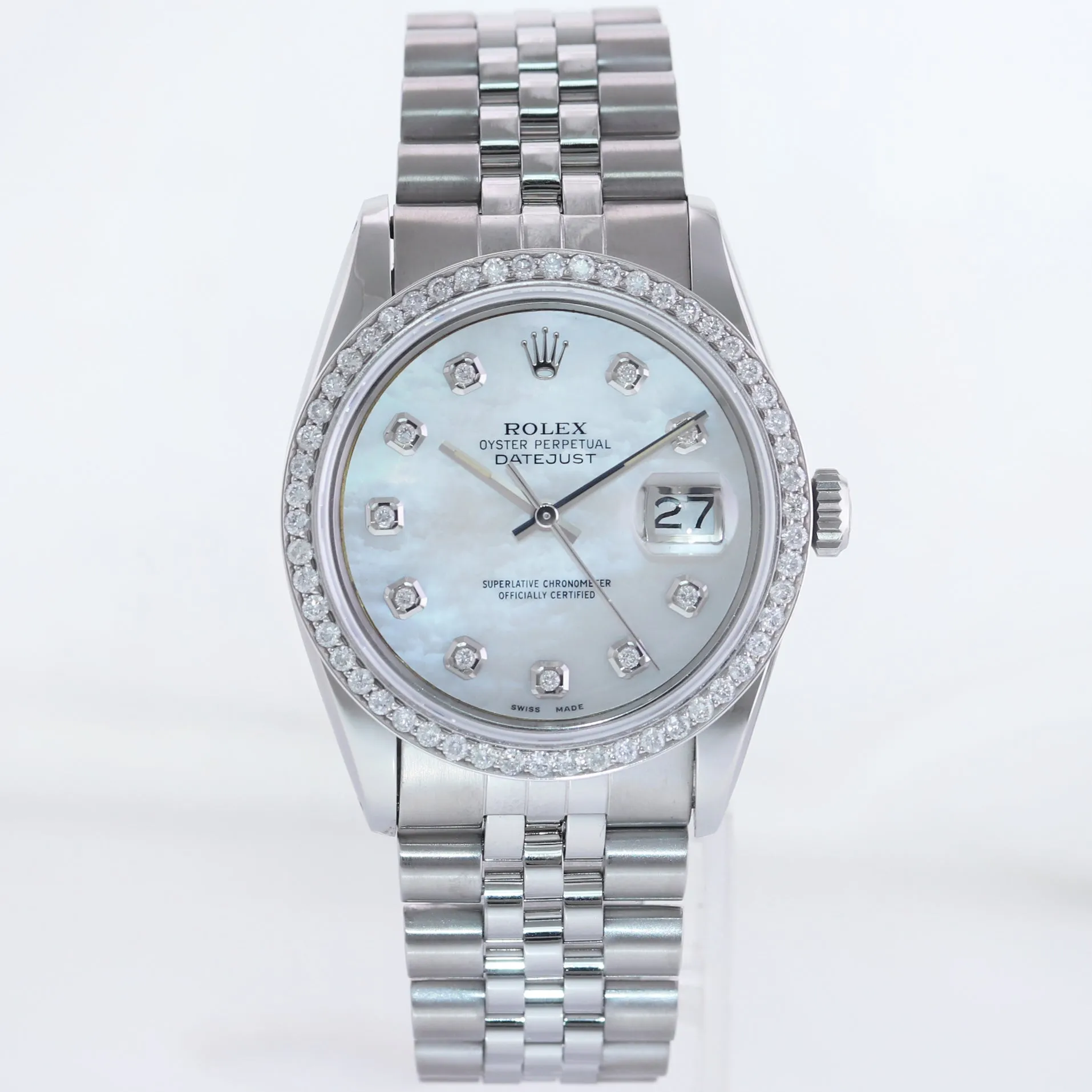 DIAMOND Bezel Rolex DateJust 36mm Mother of Pearl 16030 Steel Watch Box