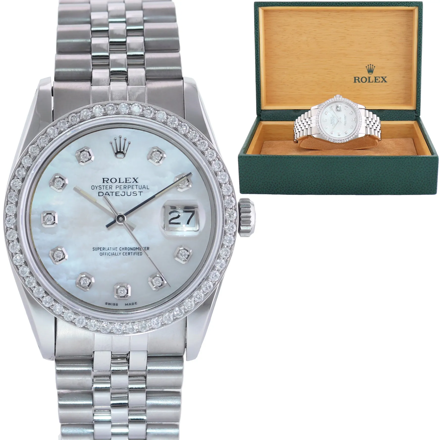 DIAMOND Bezel Rolex DateJust 36mm Mother of Pearl 16030 Steel Watch Box