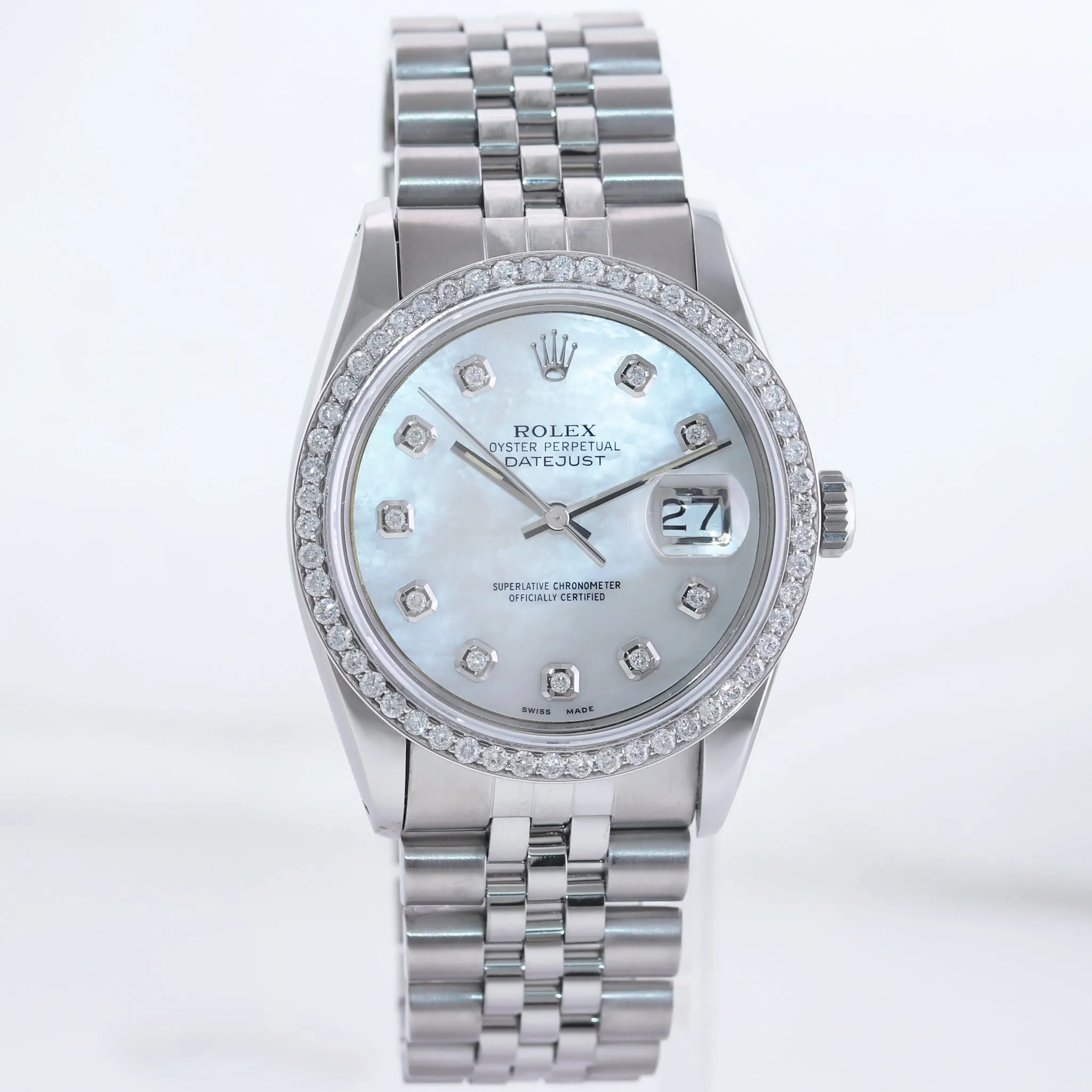 DIAMOND Bezel Rolex DateJust 36mm Mother of Pearl 16030 Steel Watch Box