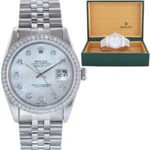 DIAMOND Bezel Rolex DateJust 36mm Mother of Pearl 16030 Steel Watch Box
