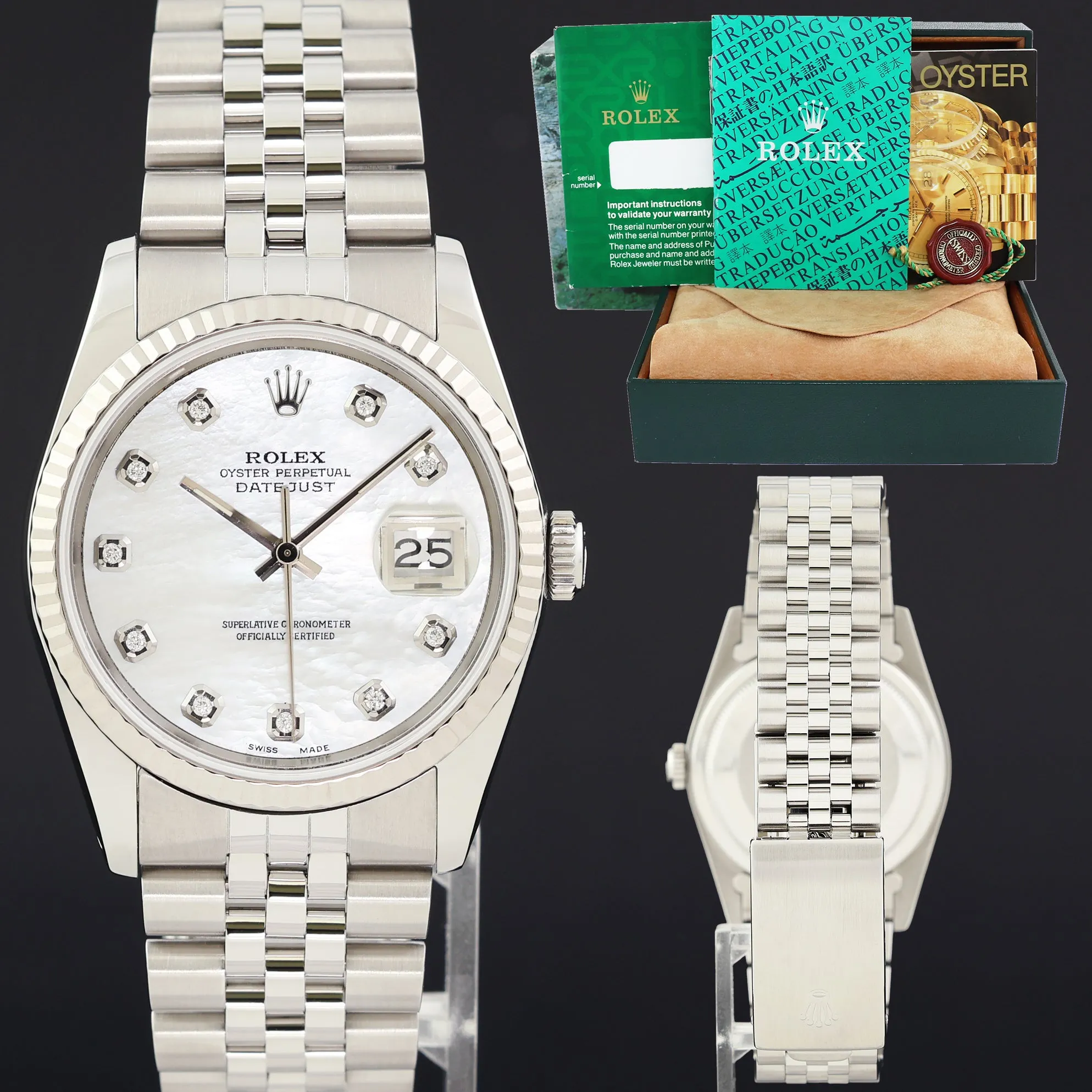 MINT Rolex DateJust 16234 Diamond Mother of Pearl Jubilee Band 36mm Watch Box