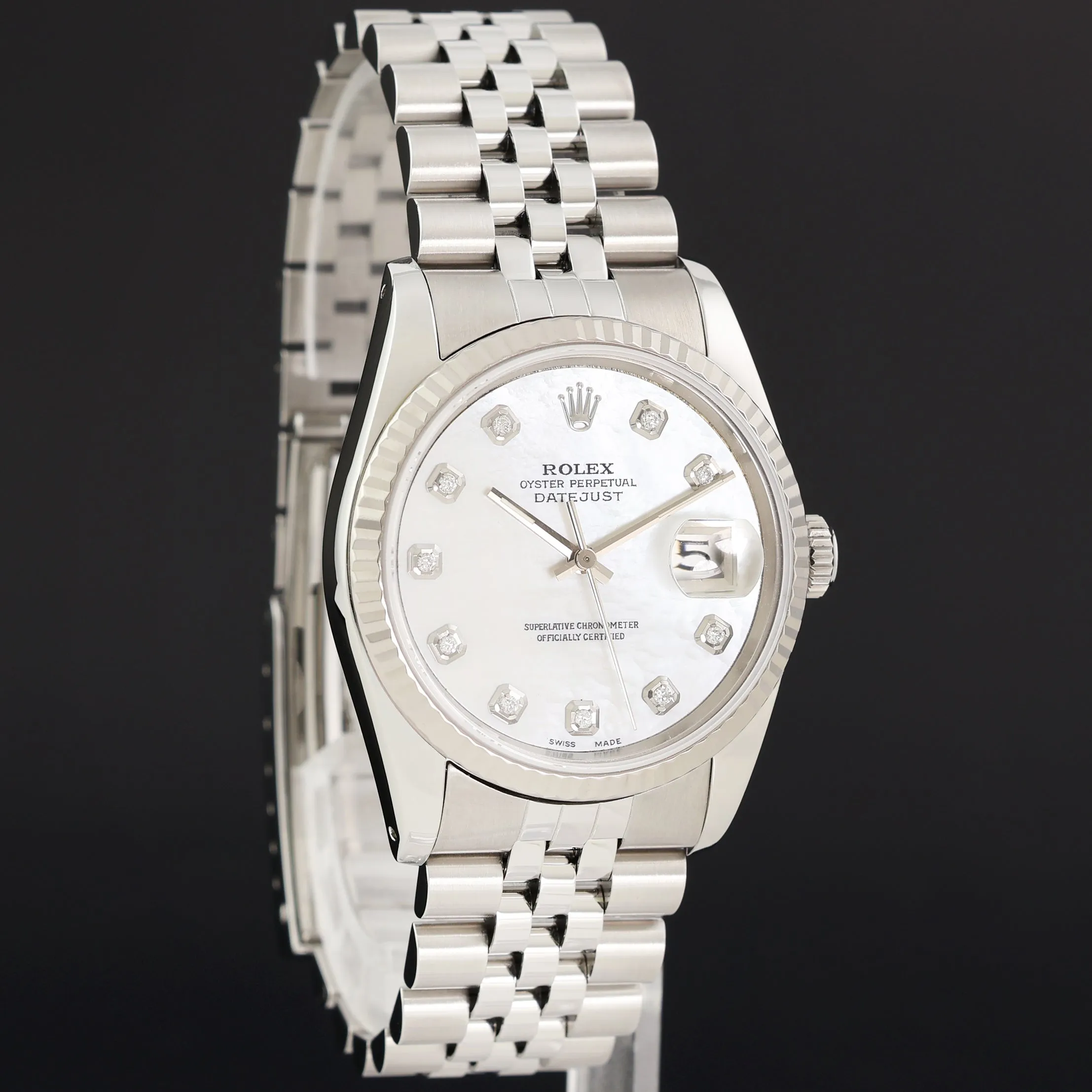 MINT Rolex DateJust 16234 Diamond Mother of Pearl Jubilee Band 36mm Watch Box
