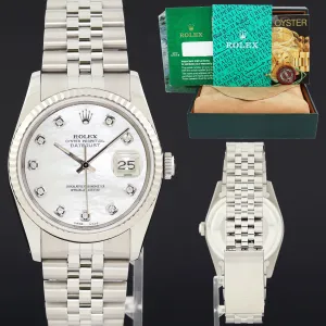 MINT Rolex DateJust 16234 Diamond Mother of Pearl Jubilee Band 36mm Watch Box