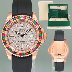 MINT Rolex Yacht-Master 116655 Rose Gold 40mm Pave Diamond Rainbow Sapphire Watch