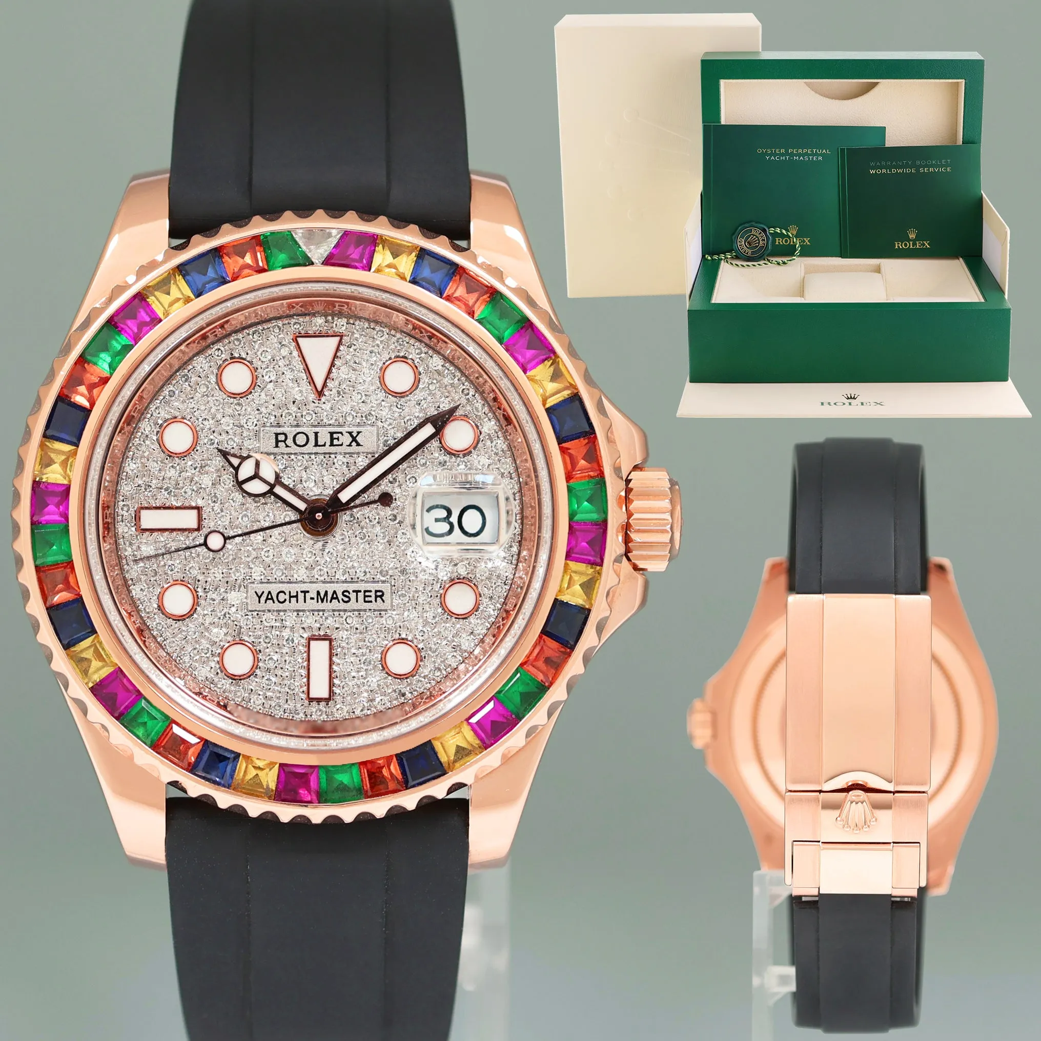 MINT Rolex Yacht-Master 116655 Rose Gold 40mm Pave Diamond Rainbow Sapphire Watch