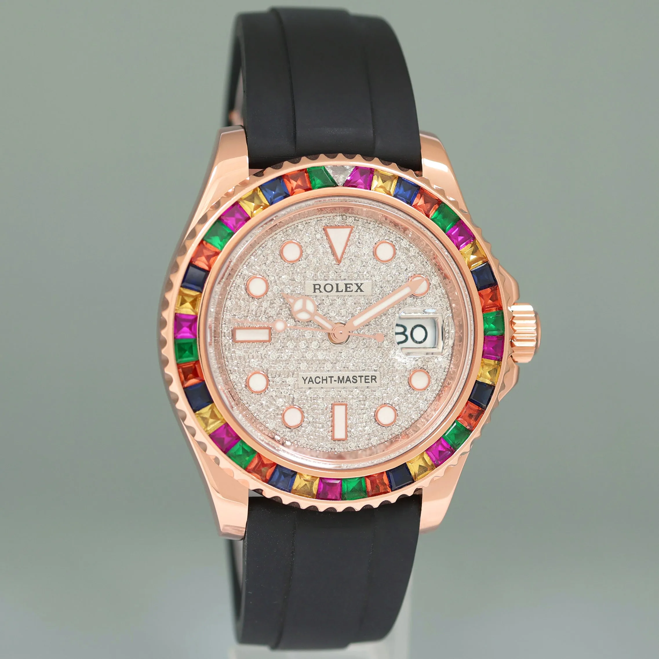 MINT Rolex Yacht-Master 116655 Rose Gold 40mm Pave Diamond Rainbow Sapphire Watch