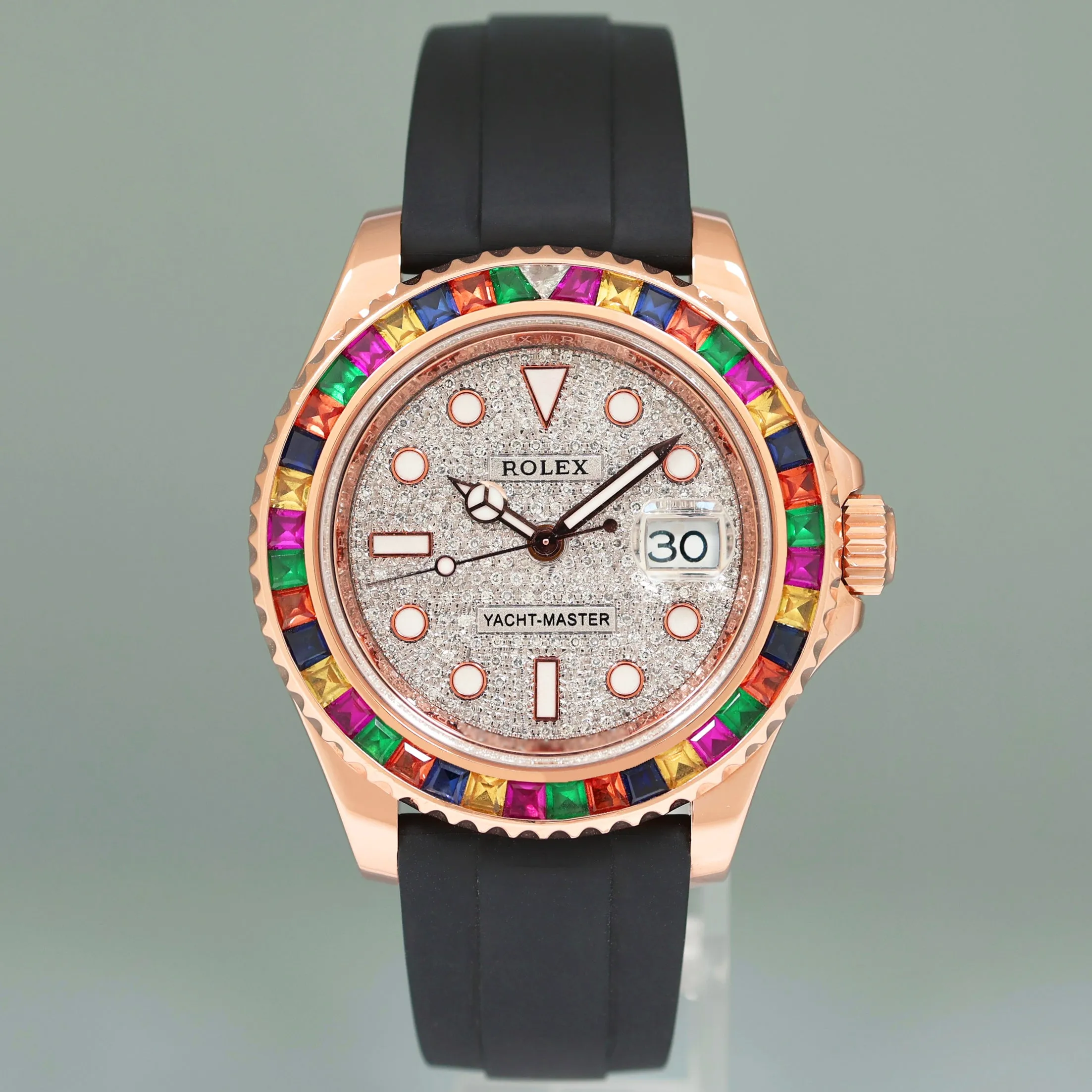 MINT Rolex Yacht-Master 116655 Rose Gold 40mm Pave Diamond Rainbow Sapphire Watch