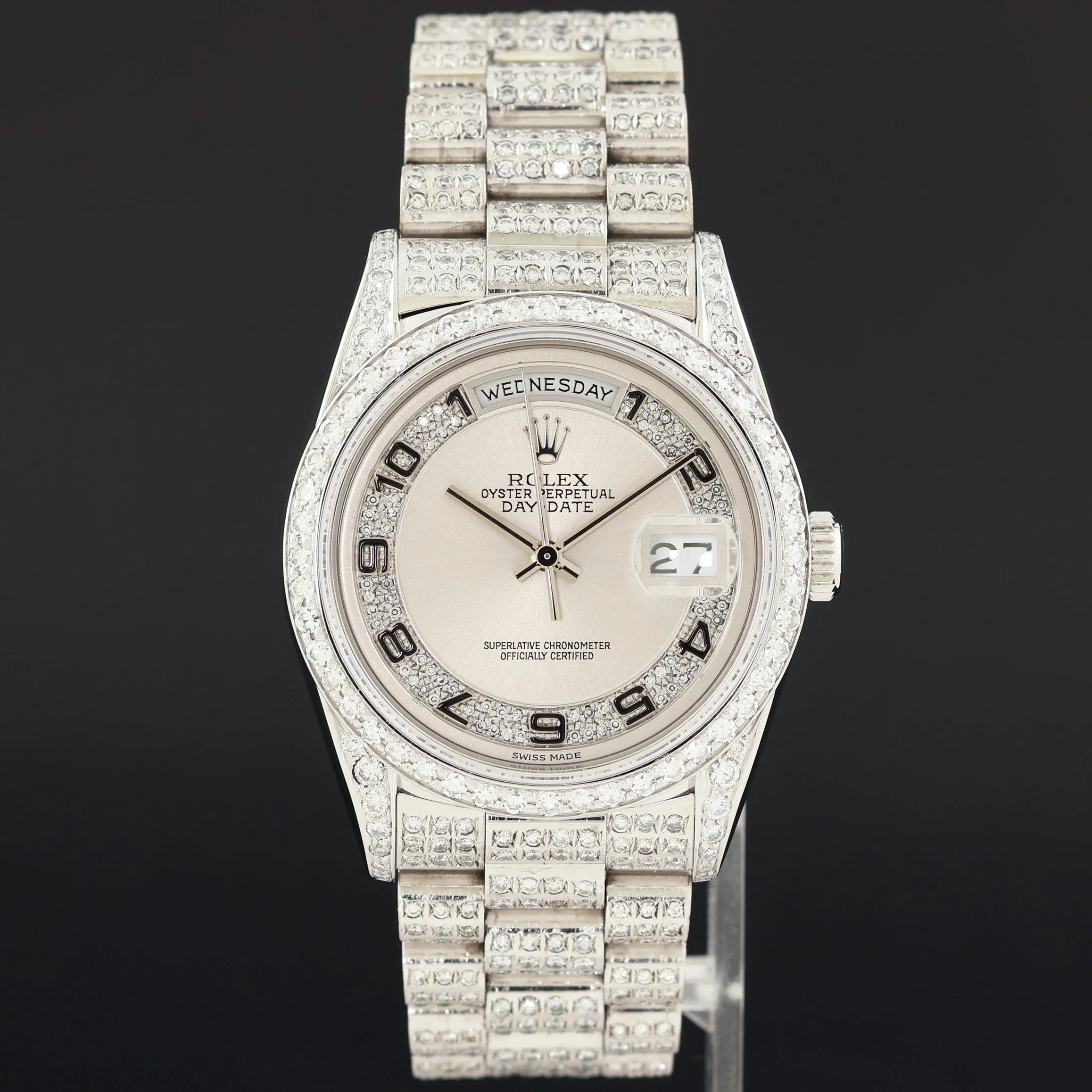 PAVE DIAMOND Rolex President Day Date 18239 Double Quick Set White Gold Watch